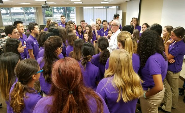 Dr. Michael Brook, with the Adventist Health Spine and Pain Center, speaks to a group of 60 Discover Healthcare students about anesthesia and pain management.